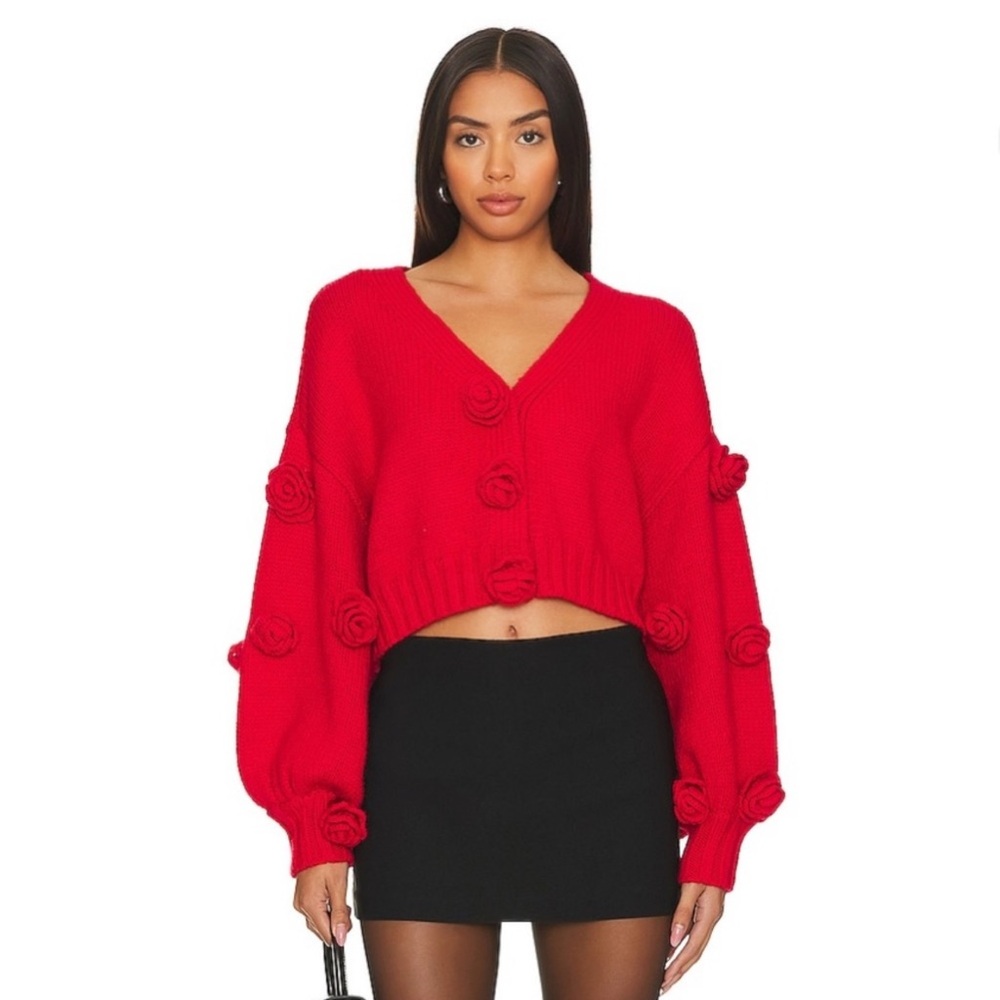 For Love And Lemons Red V-Neck Sweater with Rose Details